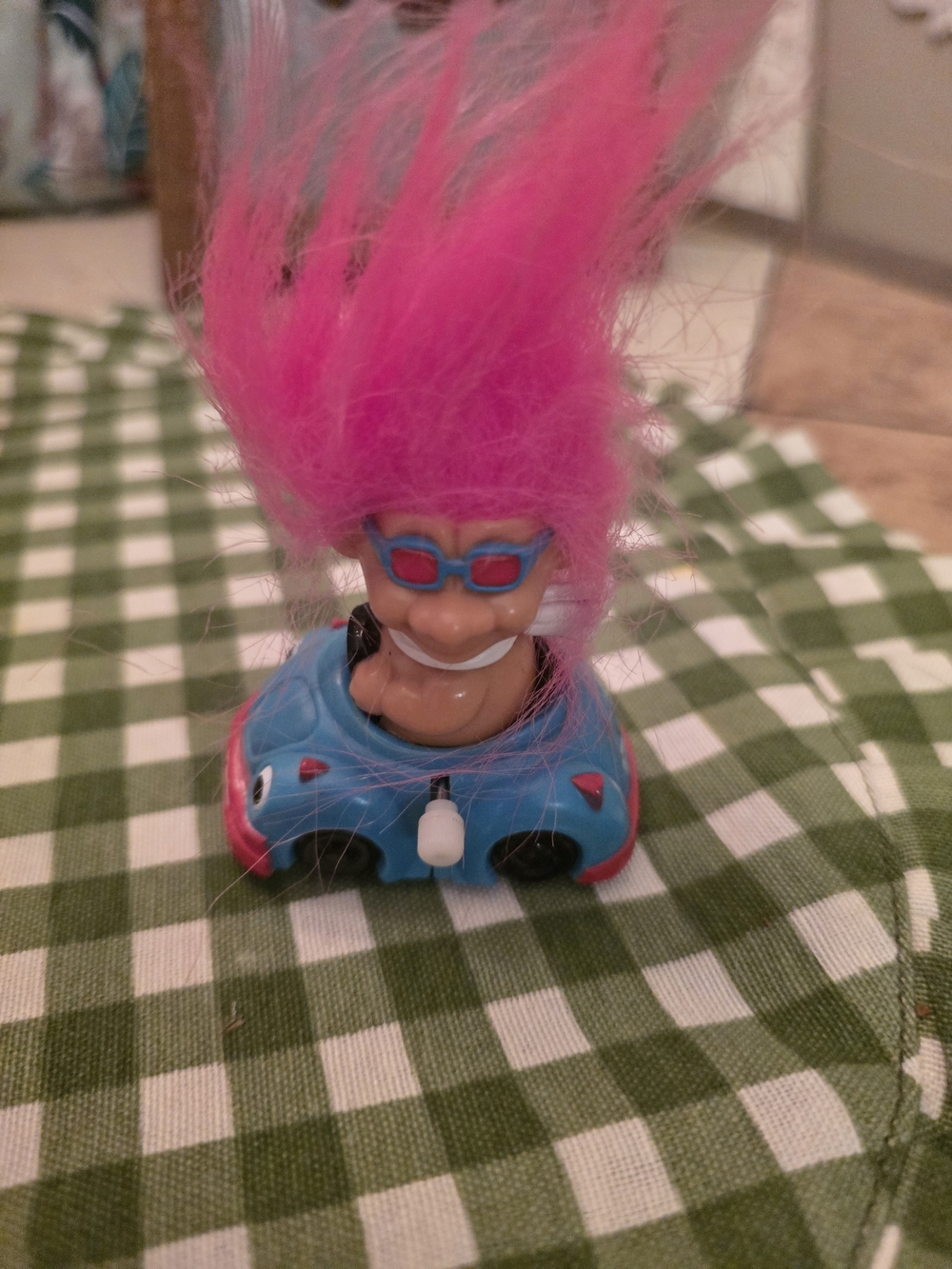 Russ Pink-Haired Troll in Blue Toy Car with Sunglasses